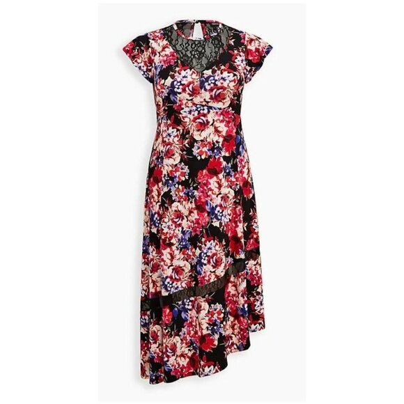 Women's NWT Torrid Black Skater Midi Dress- Studio Knit Lace Neck Floral, Size 4 - Picture 6 of 6